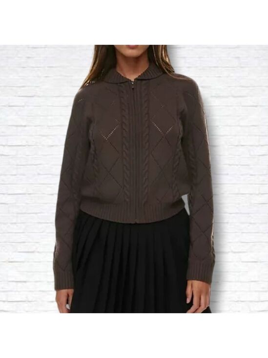 Sunday Best Sweaters - Aritzia Sunday Best "Gigi" Brown Cable Knit Collared Zip-Up Sweater Size 2XS
